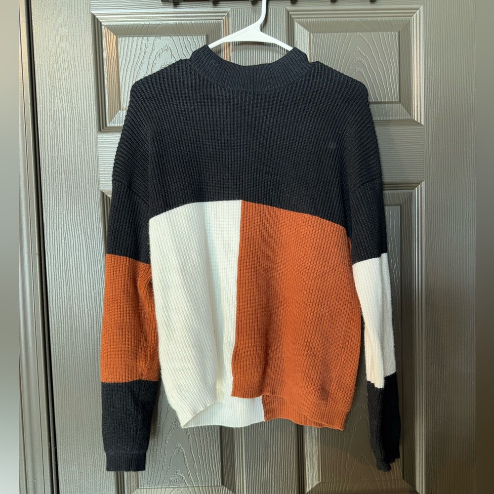 Trendy Colorblock Crew Neck Sweater - Black, White, and Orange